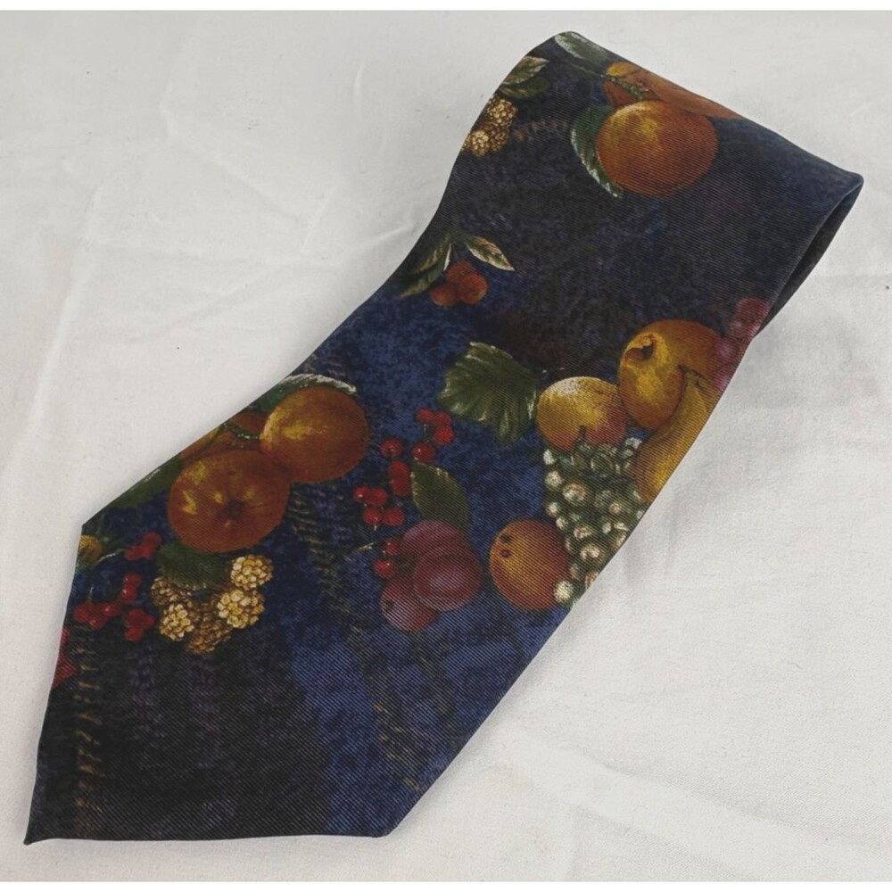 Halston III Italian Silk Tie Mens Navy Still Life Fruit Art Print Vintage 90s